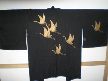 Traditionale Japanse Haori Zwart Kraanvogel Goud Vintage