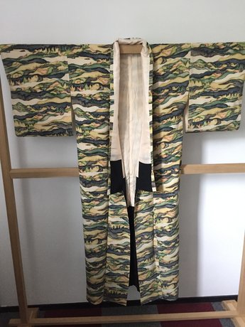 Traditionele Japanse Kimono groen/geel/grijs golf