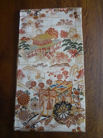 Japanse zijden obi goud/zwart oranje met bloemen