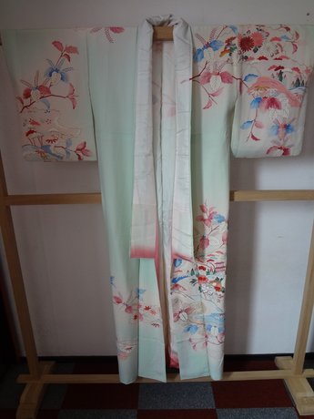 Traditionele Japanse Zijden Kimono Kawa Tempel Shizen Groen Rose
