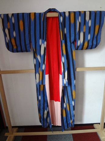 Traditionele Japanse kimono blauw streepbeige vintage Japans